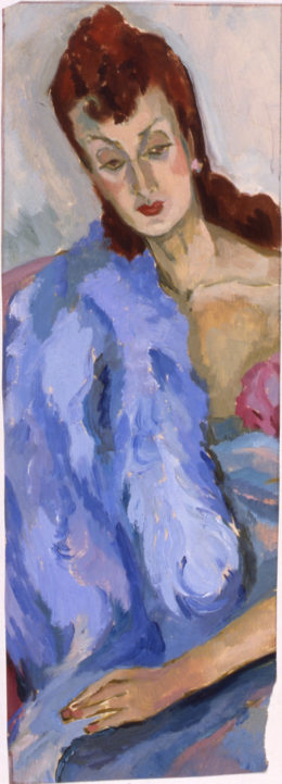 Rothaarige Dame mit blauer Federboa, " Edith "