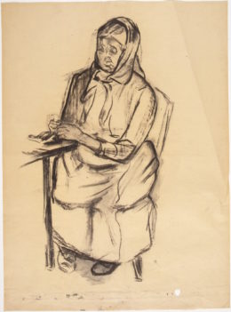 Bäuerliche Frau mit Handarbeit am Tisch