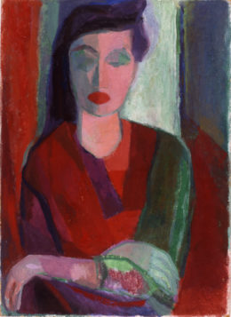 Frau in Grün und Rot mit violettem Schleier