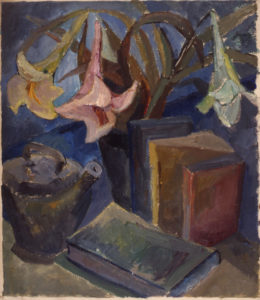 Lilienstrauß mit Büchern und Ölkännchen