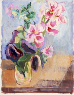 Strauß mit rosa und violetten Blumen in Glasvase