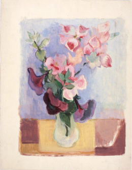 Strauß mit rosa und violetten Blumen in Glasvase