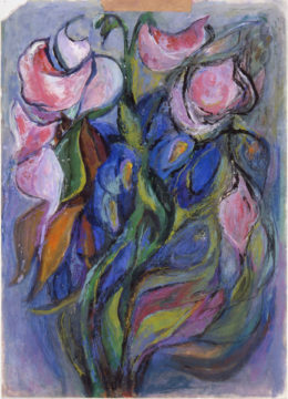 Komposition mit rosa Lilien und blauen Iris