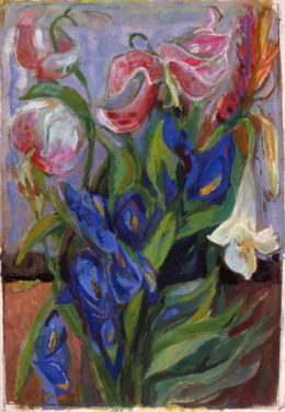 Türkenbundlilien, blaue Iris und weiße Lilie