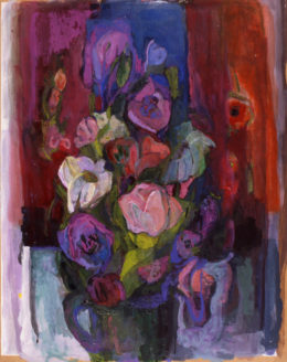 Rosa, violette und weiße Blumen im Henkeltopf