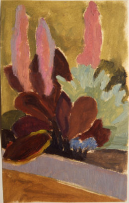 Pflanzen mit braunen Blättern und rosa Blüten, Skizze