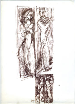 Paar in einer Flügeltüre, 2 Darstellungen umrandet (Skizzen)