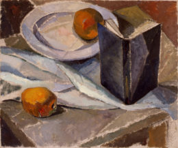 Buch und Teller mit Früchten