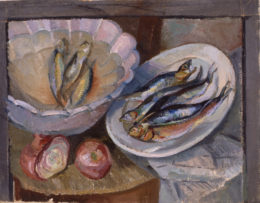 Küchenstilleben mit Sardinen und Zwiebeln