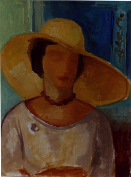 Frau mit großem Hut und Halskette