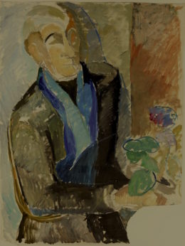 Sitzender Mann mit Blumentopf