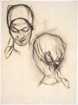 Frauenkopf mit Kopftuch von vorne und von hinten