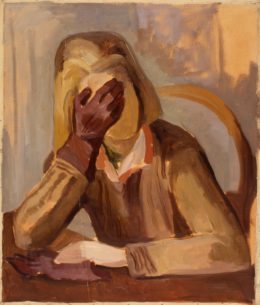 Sitzende Frau, das Gesicht mit der Hand verbergend