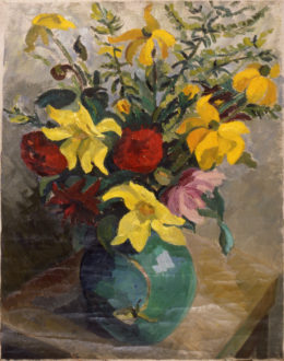 Gelbe Blumen in grüner vase