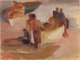 Fischer mit ihrem Boot am Strand
