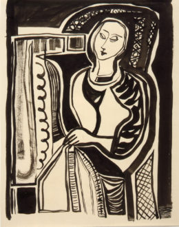 Frau in einem Korbstuhl sitzend