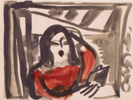 Frau in Rot am Tisch sitzend