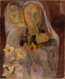 Zwei junge Frauen mit weißem Schleier und Blumen