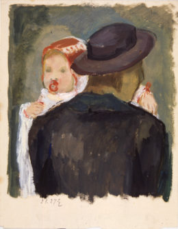 Kleines Kind getragen von einem Mann mit Hut