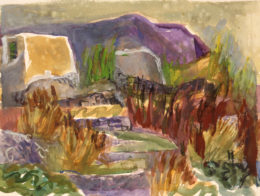 Gestrüpp vor violetten Bergen