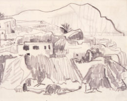 Blick über Häuser in einer Landschaft mit Bergsilouette