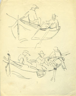 Zwei SKizzen übereinander: Zwei Männer und drei Männer in einem Boot