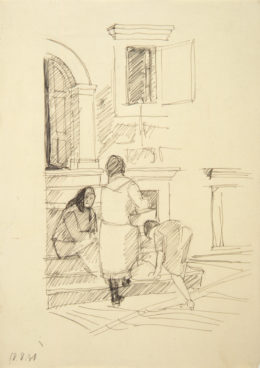 Drei Frauen an einer Treppe vor einem Hauseingang, Korcula